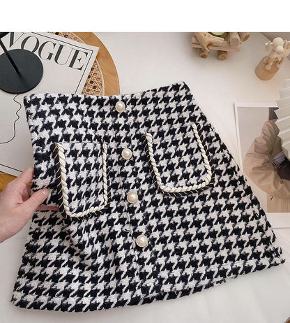 Pearl button small fragrance wind high waist thousand bird grid A-shaped skirt  5371