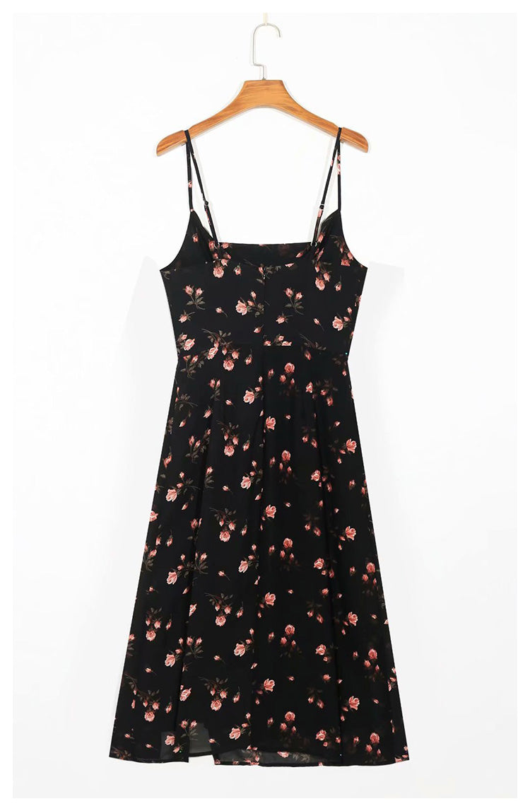 Printed swing neck suspender skirt split mid length dress  7053