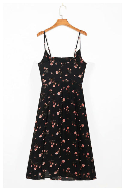 Printed swing neck suspender skirt split mid length dress  7053