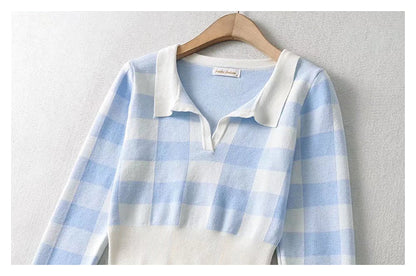 Vintage chessboard Plaid Polo neck T-shirt  7394
