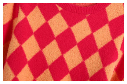 Fashion aging diamond check color blocking knitted short sweater  7521