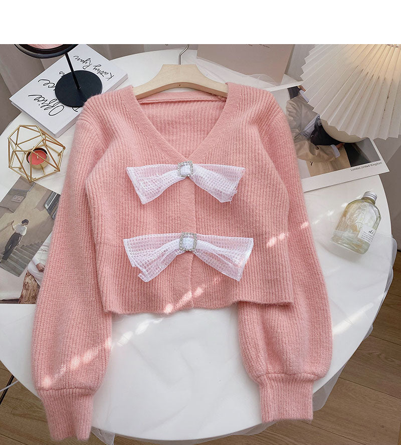 Lazy wind gentle foreign style solid color bow V-neck top  6134
