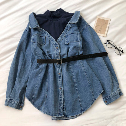 Hong Kong style fashion stitched stand collar medium and long denim shirt  6248