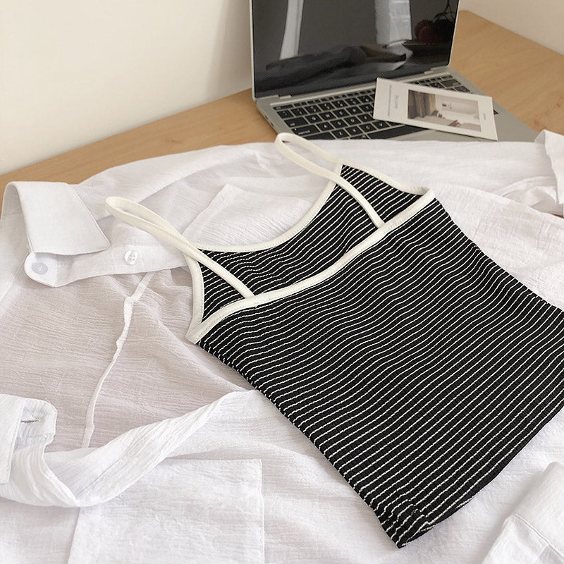 Striped slim fitting bottom sling + white loose shirt sunscreen two-piece set  6235