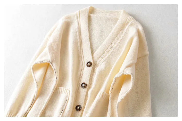 Lazy wind color blocking line V-neck knitted cardigan coat  7286