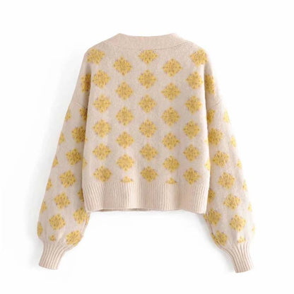 Girls' aging diamond jacquard V-Neck long sleeve high waist knitted cardigan  7157