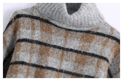 New lazy high neck slim plaid sweater  7503