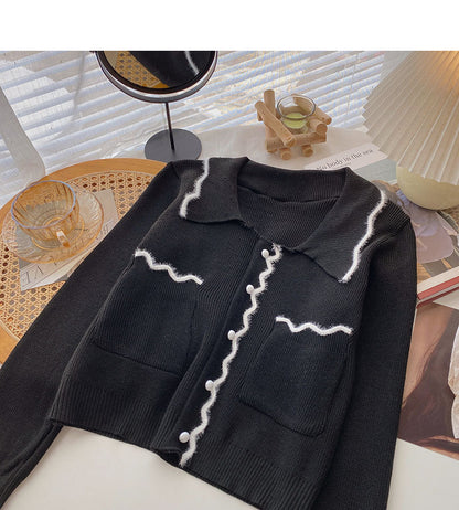 Niche design retro color blocking wave edge Lapel long sleeve top  6587