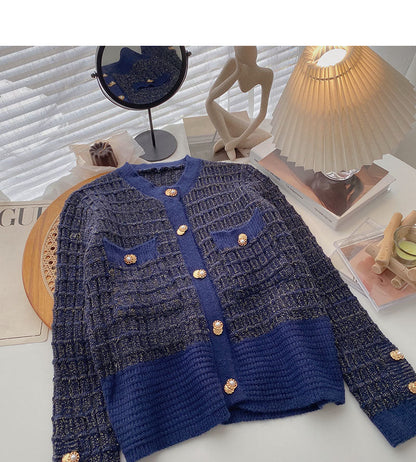 Xiaoxiangfeng gold silk knitted long sleeved single breasted plaid sweater  6065