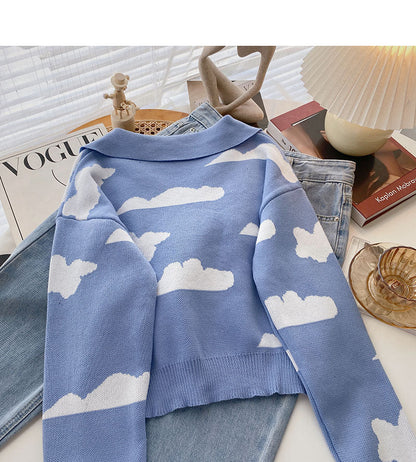 Long sleeve sweater contrast cloud Pullover Top  6532