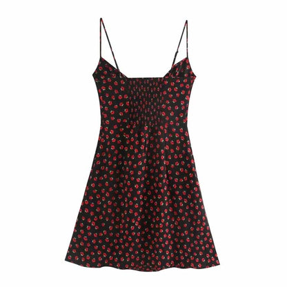 French minority retro girl rose broken flower thin high waist suspender skirt  7125