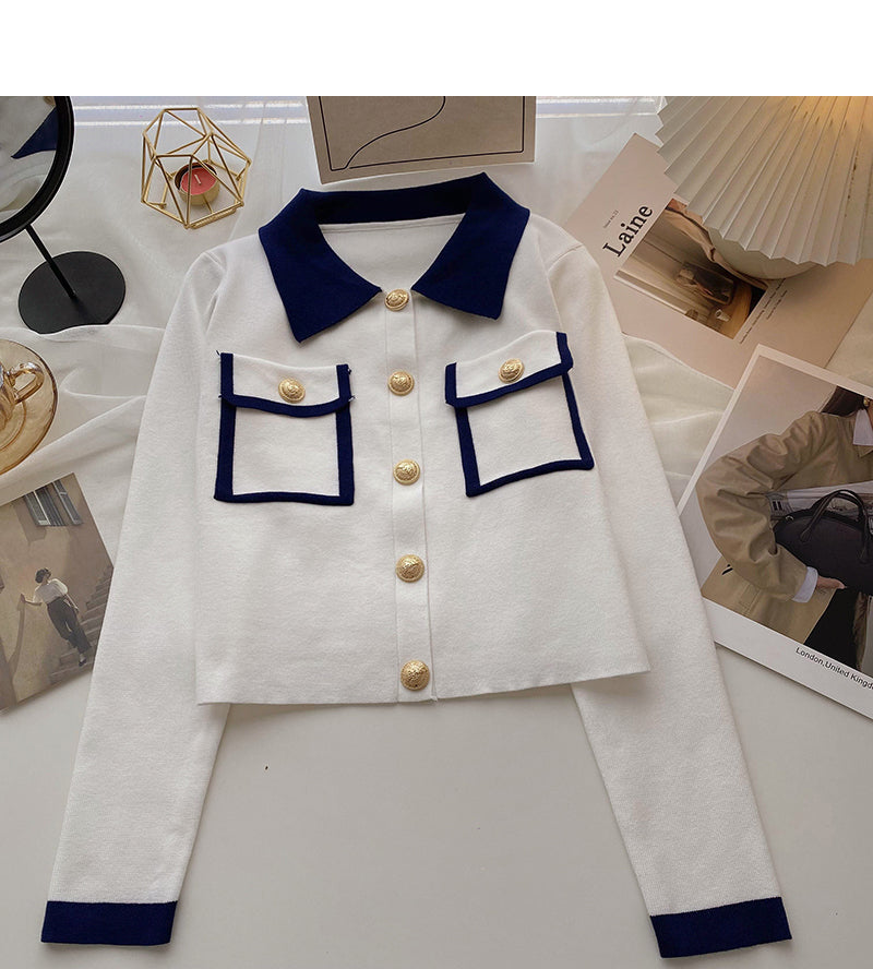 Korean version single row small pocket design contrast color long sleeve top  6669