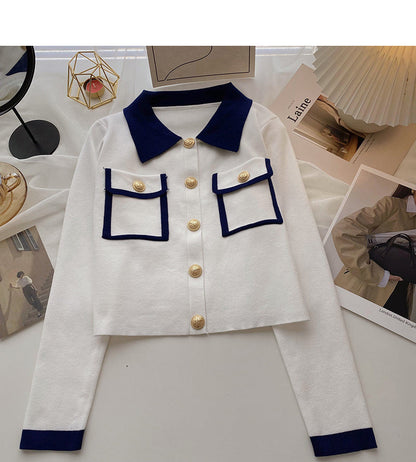 Korean version single row small pocket design contrast color long sleeve top  6669