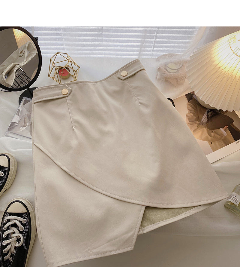 Irregular Hip Wrap thin high waist A-shaped small leather skirt  5541