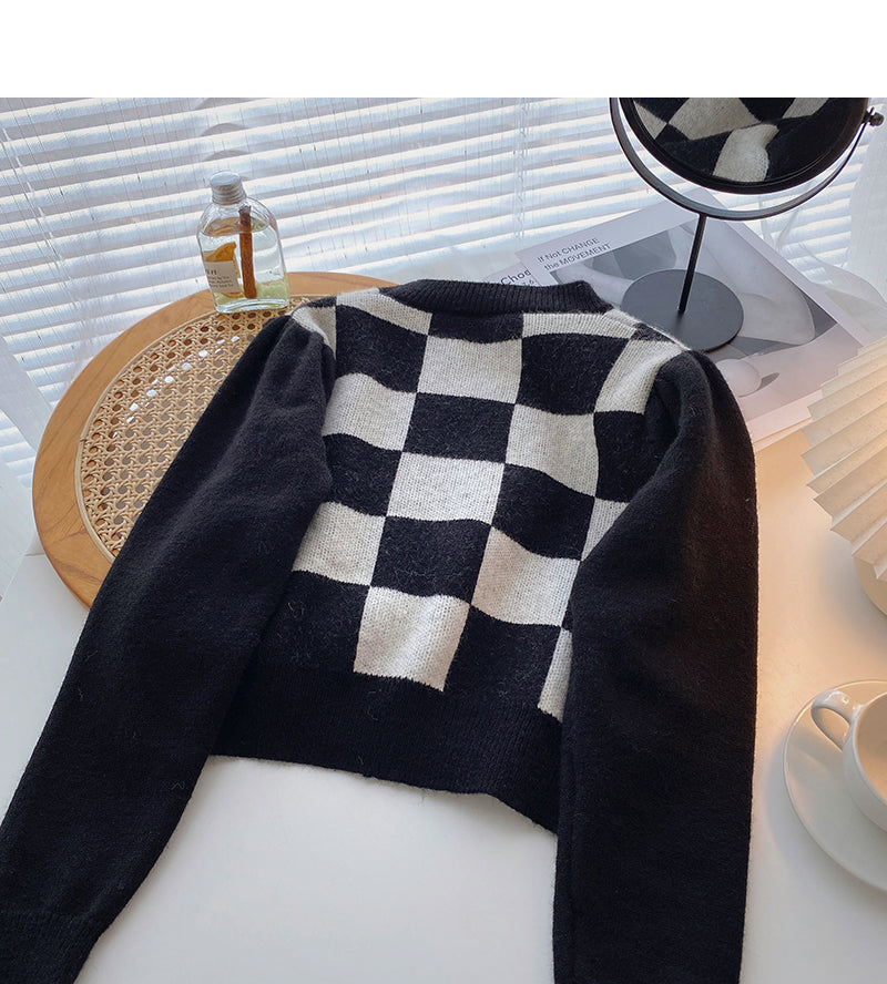 Hong Kong style retro chessboard plaid sweater  5925