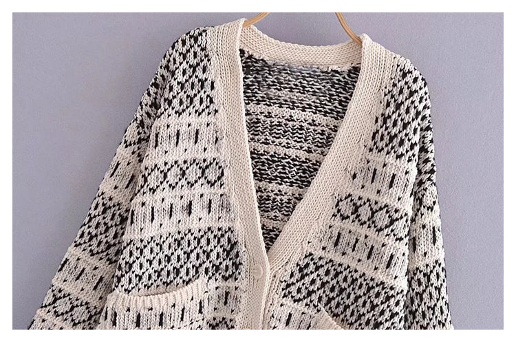 Retro lazy jacquard knitted cardigan coat sweater  7463