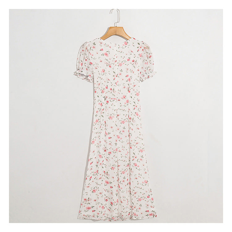The new broken flower slim slim temperament high waist split fresh and gentle dress  7024