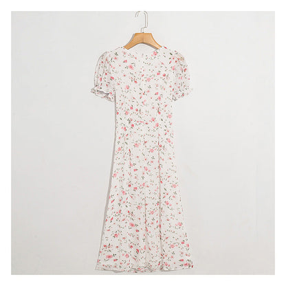 The new broken flower slim slim temperament high waist split fresh and gentle dress  7024