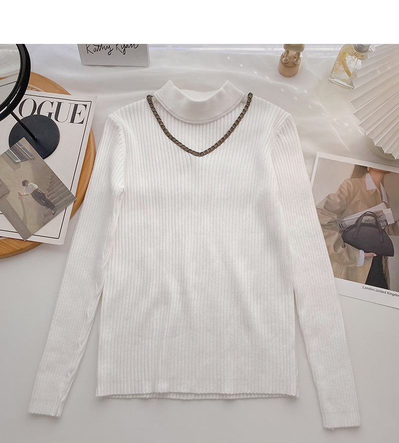 Design sense knitwear stand collar chain long sleeve top  6689