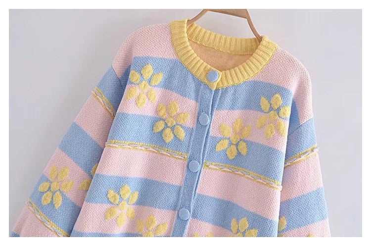Sweet flower printed jacquard knitted coat cardigan  7189