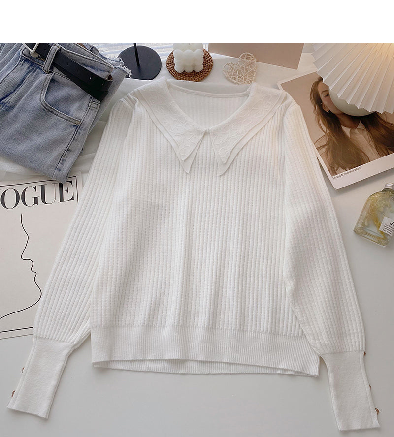 Design sense knitwear Vintage long sleeve Pullover Lapel top  6660