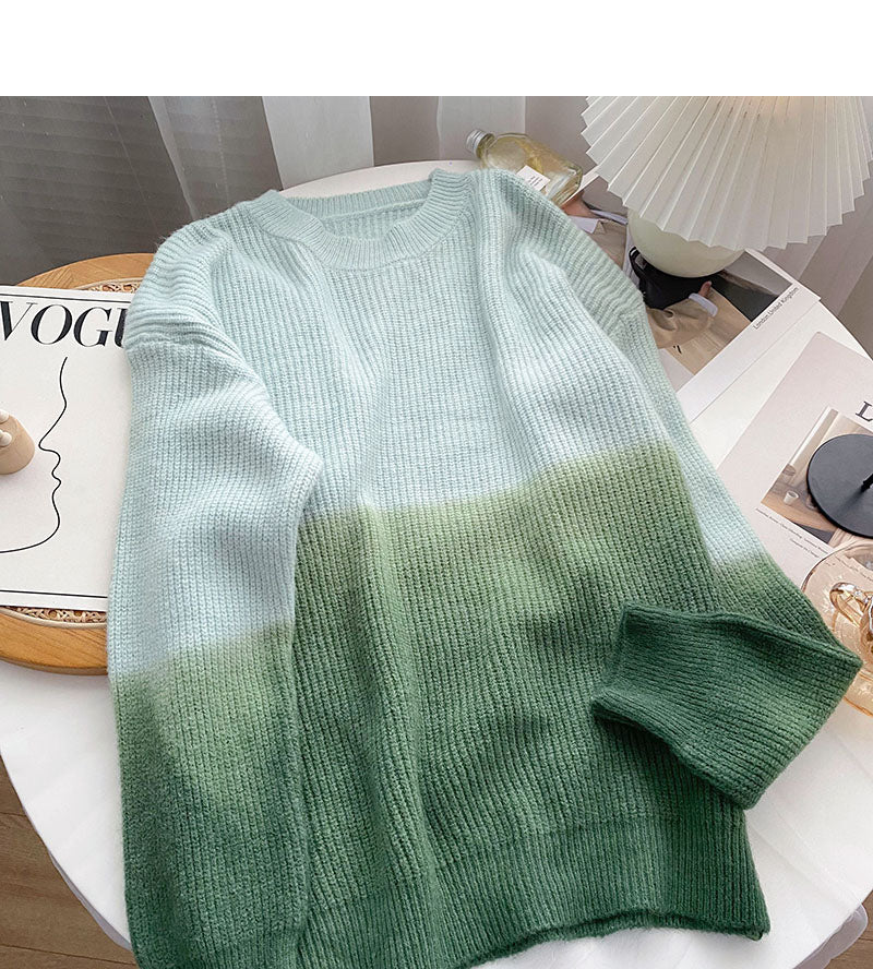 Niche design personalized gradient knitted long sleeve Pullover loose top  6035