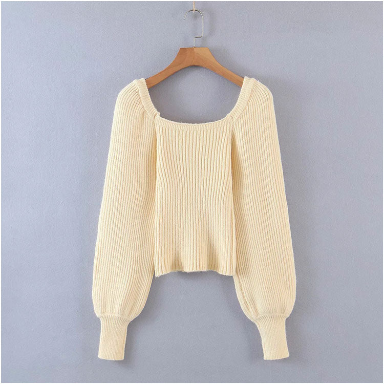 Square neck French collarbone exposed minority Lantern Sleeve Top  7216