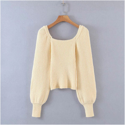 Square neck French collarbone exposed minority Lantern Sleeve Top  7216