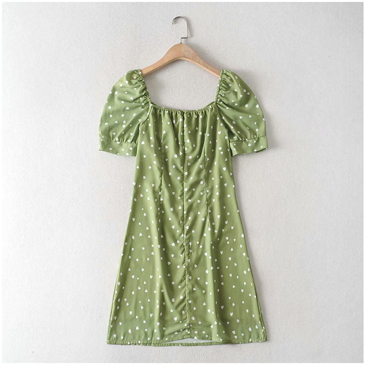Retro small fresh bow bubble sleeve slim dress  7100