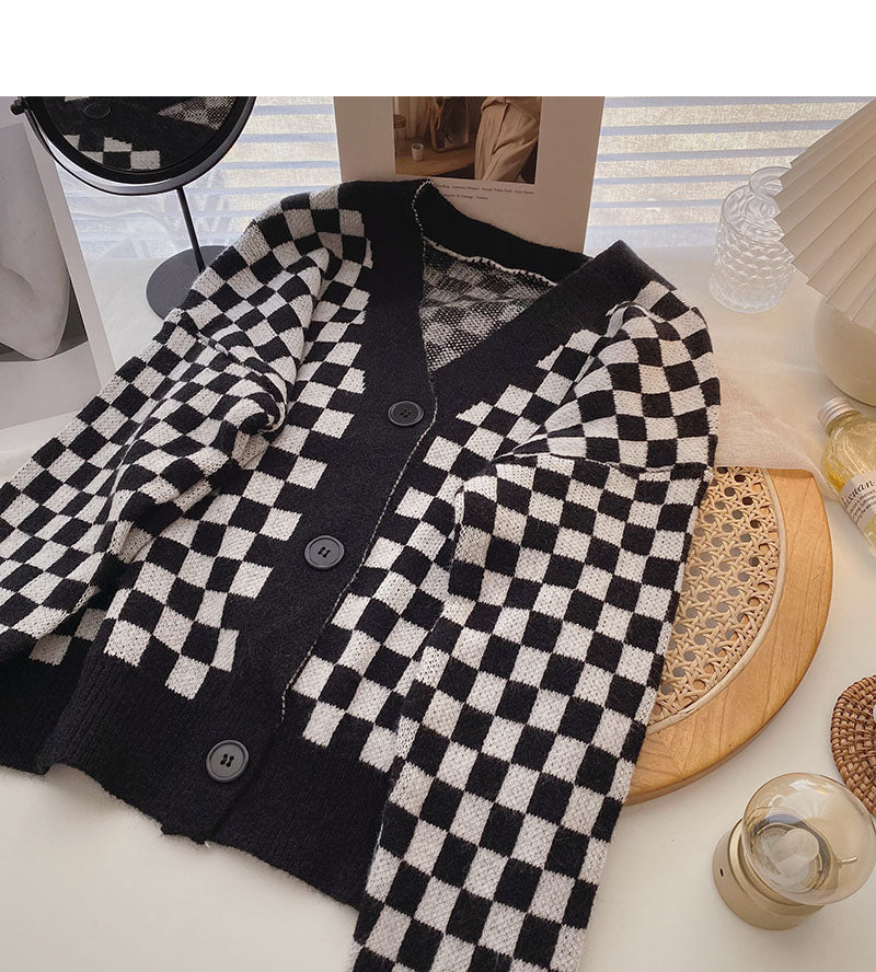 Niche design contrast checkerboard long sleeve top  5875