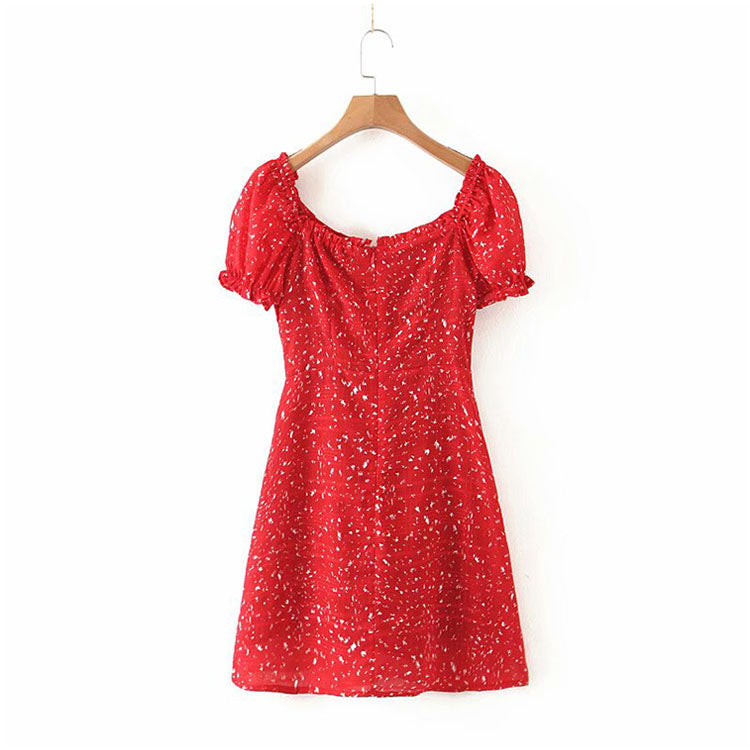 Versatile French V-neck single breasted bubble sleeve Floral Dress 7094