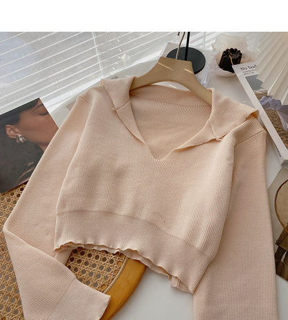 Navy collar temperament solid color sweater women  6133