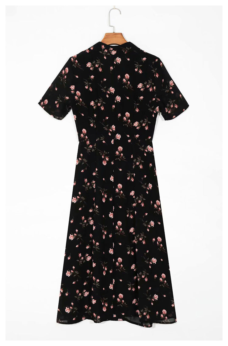 Vintage Lapel short sleeve slim waist floral print dress  7052