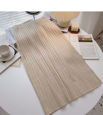 Simple and versatile thread knitted high waist split A-line skirt  5752