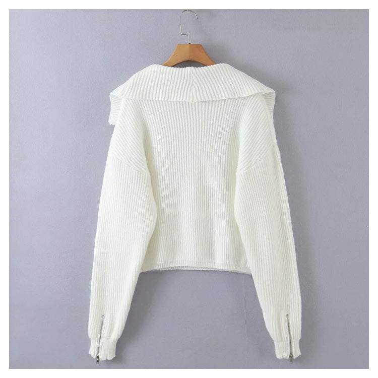 Versatile large lapel zip Pullover Sweater  7283