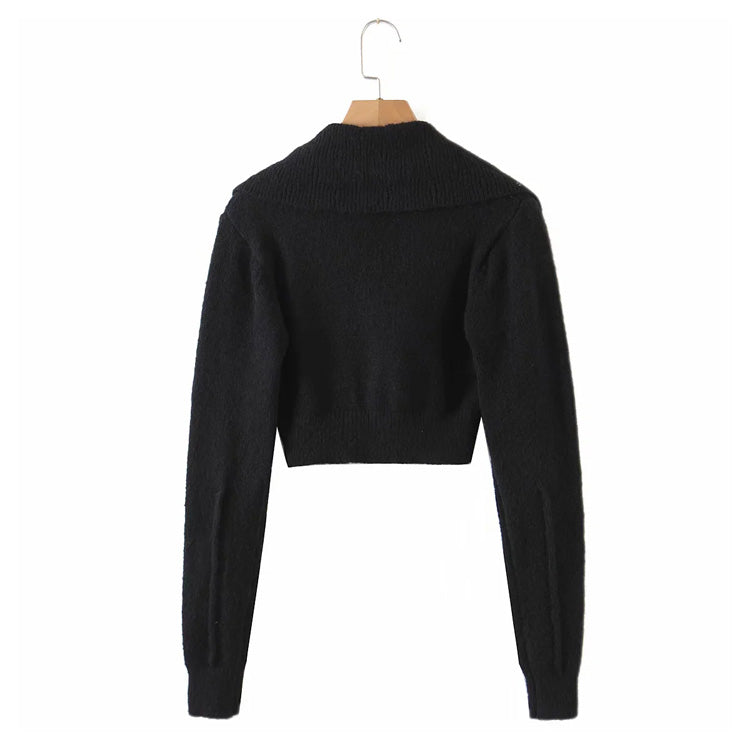 Vintage large lapel high waist short long sleeve knitted cardigan  7158