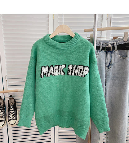 Lazy style personalized casual printing loose long sleeve top  6055
