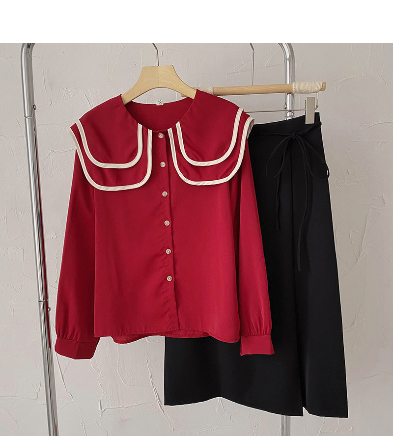 Navy collar slim Vintage Long Sleeve Shirt  6419