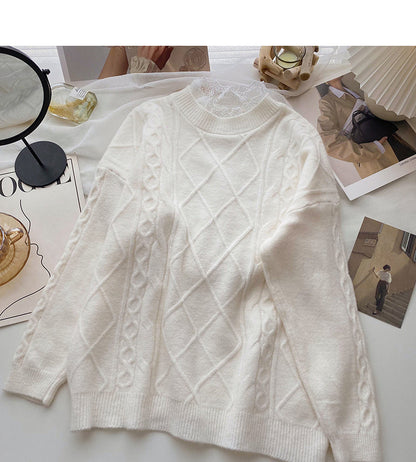 Korean lace edge round neck long sleeve design top  5985