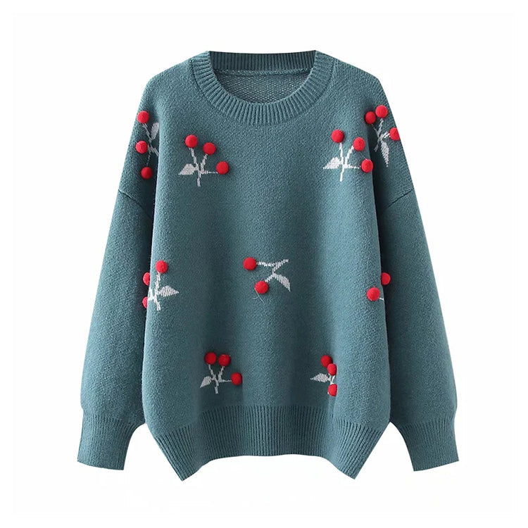 Three dimensional flower round neck Pullover knitted sweater lazy loose top  7388
