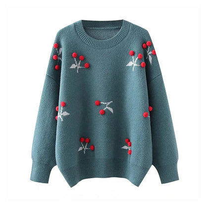 Three dimensional flower round neck Pullover knitted sweater lazy loose top  7388
