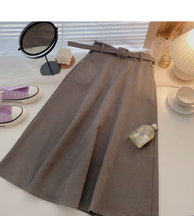 Design sense of minority foreign style high waist mid length skirt with belt  5727