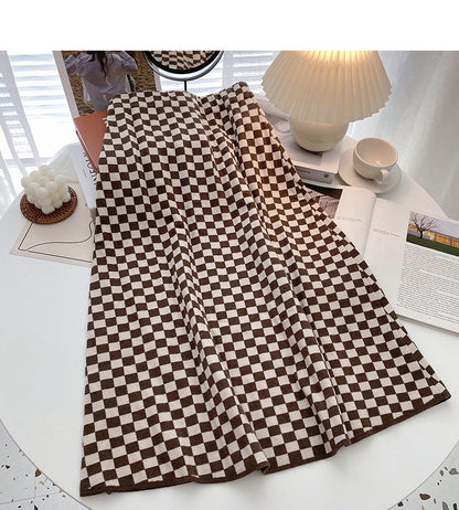 Retro fashion net red checkerboard high waist A-shaped skirt  5763