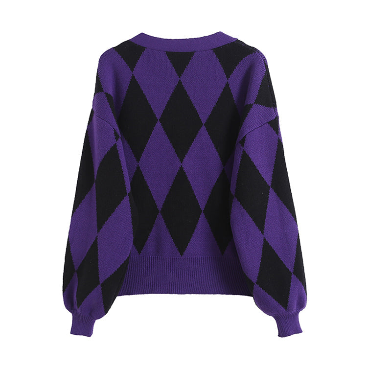 V-neck knitted cardigan women's loose temperament Lantern Sleeve Sweater  7413