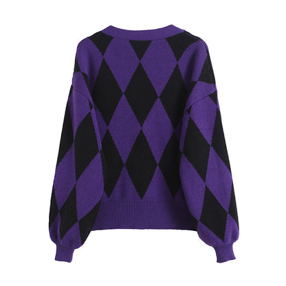 V-neck knitted cardigan women's loose temperament Lantern Sleeve Sweater  7413