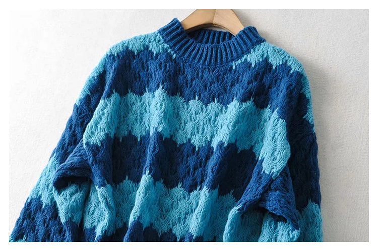 Thick needle jacquard stripe round neck Pullover knitted sweater  7399