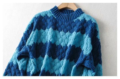 Thick needle jacquard stripe round neck Pullover knitted sweater  7399