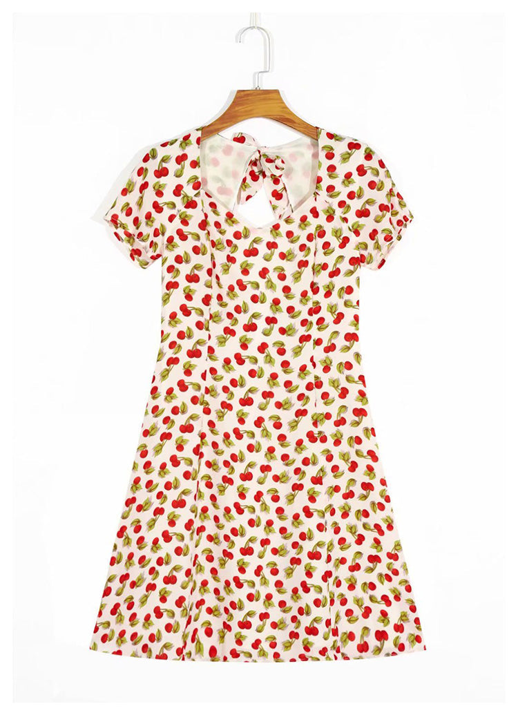 Can salt can sweet niche dress retro square neck print open back messy lace-up skirt  7028