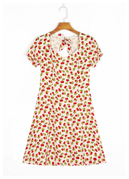 Can salt can sweet niche dress retro square neck print open back messy lace-up skirt  7028