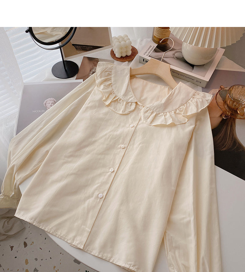 Lace Baby collar shirt age reducing versatile long sleeve top  6427